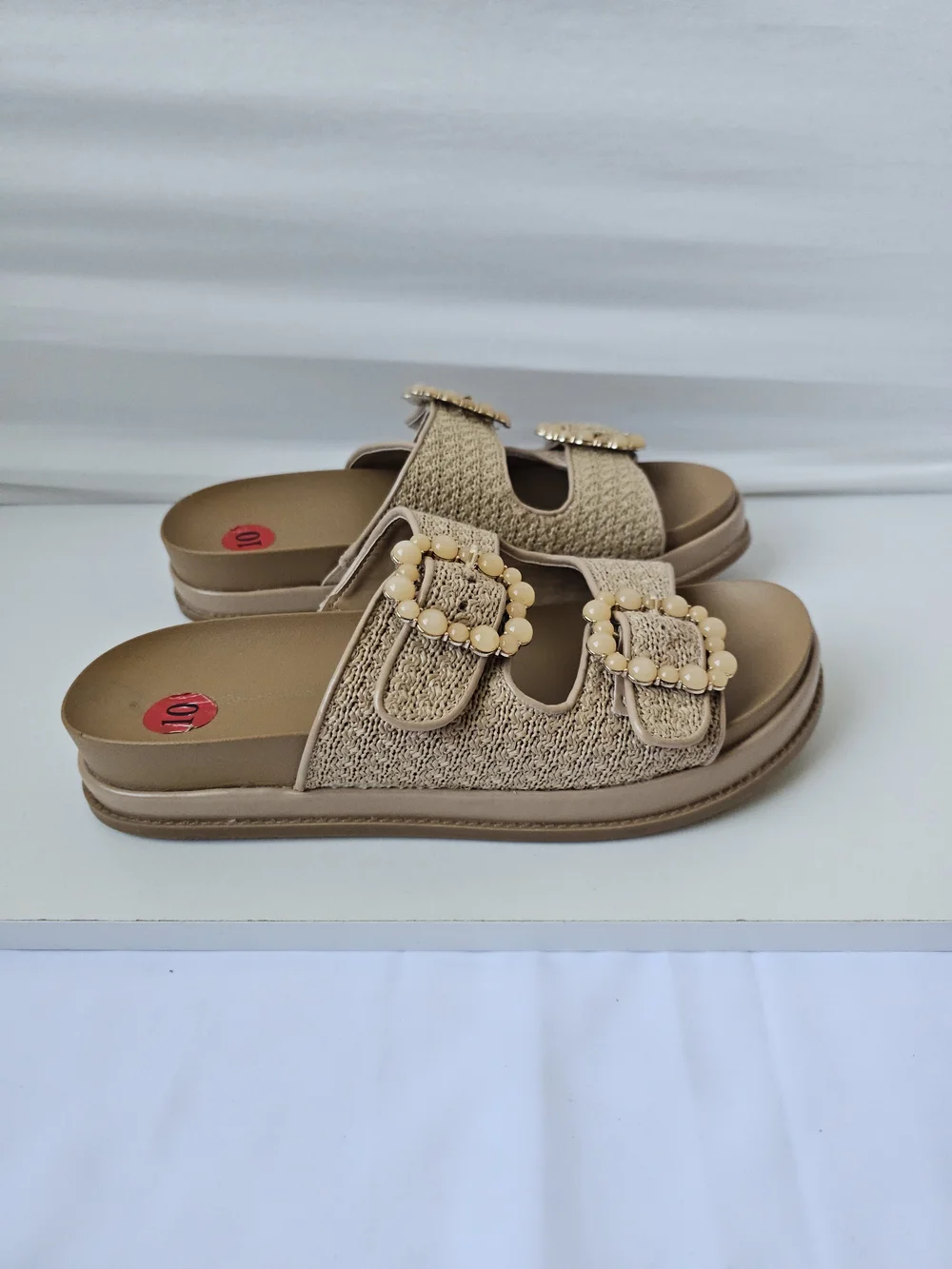 BCBGeneration Beau Raffia Beaded Buckle Slide Sandals - Size 10